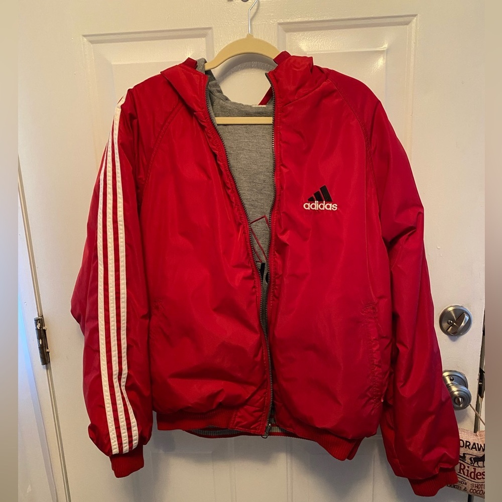 Adidas Reversible Hooded Jacket Vintage Red & Gray – Size Large